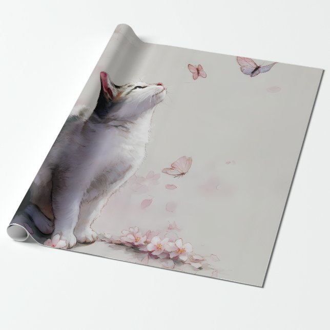Papel De Presente Gato de Flor de Cerejeira e Borboletas (13) (Desenrolado)
