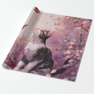 Papel De Presente Gato de Flor de Cerejeira e Borboletas (2)