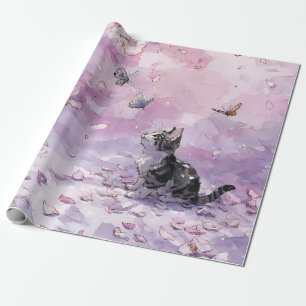 Papel De Presente Gato de Flor de Cerejeira e Borboletas (5)