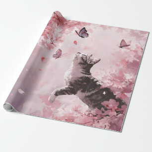 Papel De Presente Gato de Flor de Cerejeira e Borboletas (7)