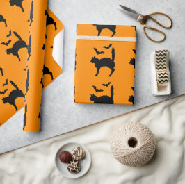 Papel De Presente Gato de Halloween Assustado e Silhueta de Morcegos