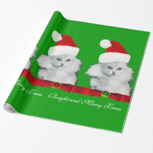 PAPEL DE PRESENTE GATO DE NATAL BRANCO, CHAPÉU DE SANTA CLAUS E BORR