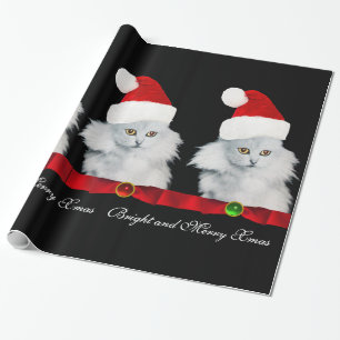 PAPEL DE PRESENTE GATO DE NATAL BRANCO, CHAPÉU DE SANTA CLAUS E BORR
