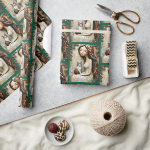 Papel De Presente Gato de Natal Caprichoso Arte da Donzela de Invern
