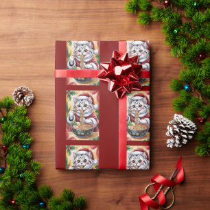 Papel De Presente Gato de Natal Comendo Ramen Aconchegante Festa