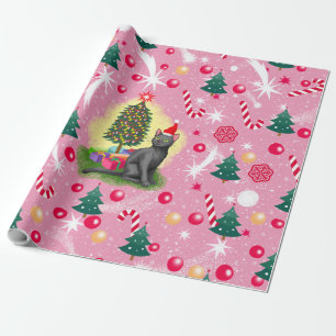 Papel De Presente Gato de Natal Rosa