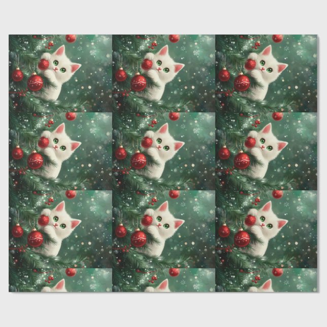 Papel De Presente Gato de Natal Subindo Árvore de Natal (Aberto)