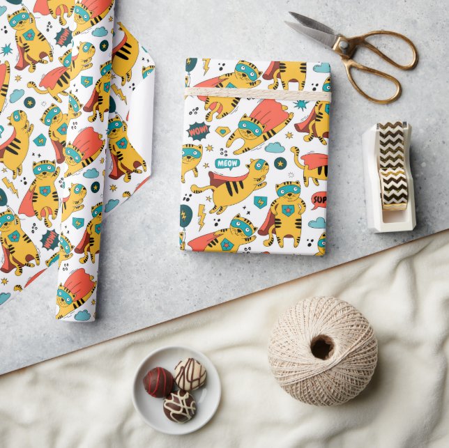Papel De Presente Gato de Super Herói Engraçado (Artesanato)