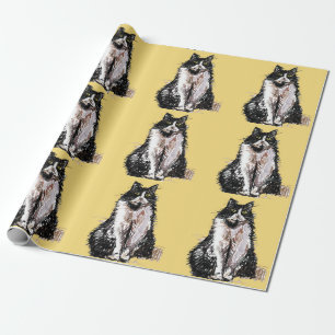 Papel De Presente Gato de Tuxedo Black e White Cats Amarelos