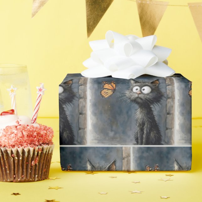 Papel De Presente Gato Desgrenhado Olhando para uma Borboleta (Festa de aniversário)