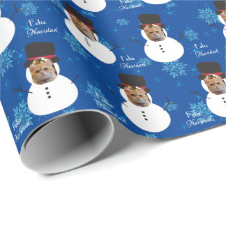 Papel De Presente Gato Diversão Rosto Neve Feliz Natal Molho Espanho