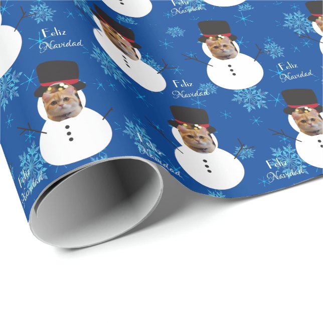 Papel De Presente Gato Diversão Rosto Neve Feliz Natal Molho Espanho (Ponta do rolo)