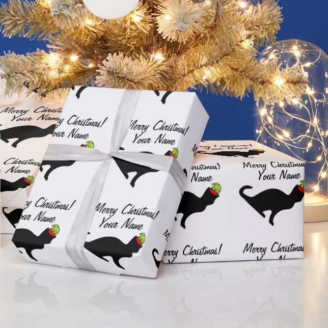 Papel De Presente Gato engraçado com chapéu de elfo embrulhando pape (Feriados)