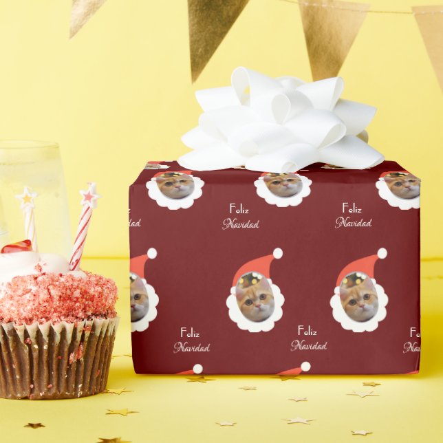 Papel De Presente Gato Engraçado Rosto Feliz Natal Foto Espanhola (Festa de aniversário)