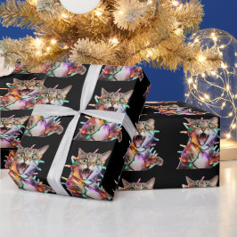 Papel De Presente Gato Engraçado Tangido nas Luzes de Natal
