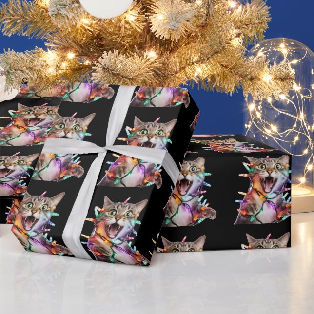 Papel De Presente Gato Engraçado Tangido nas Luzes de Natal (Feriados)