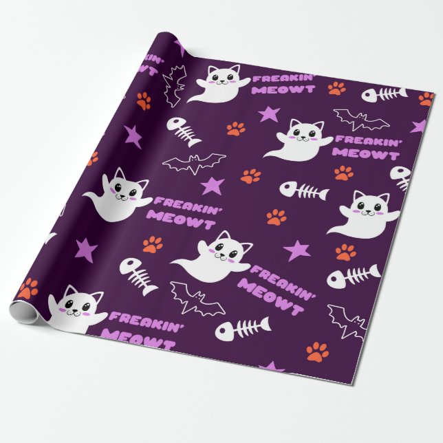 Papel De Presente Gato Fantasma de Halloween (Desenrolado)