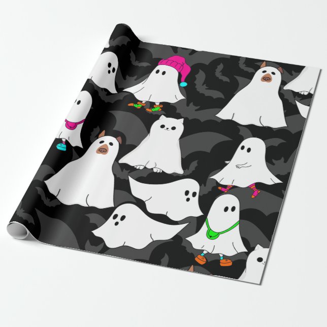 Papel De Presente gato fantasma de halloween preto (Desenrolado)