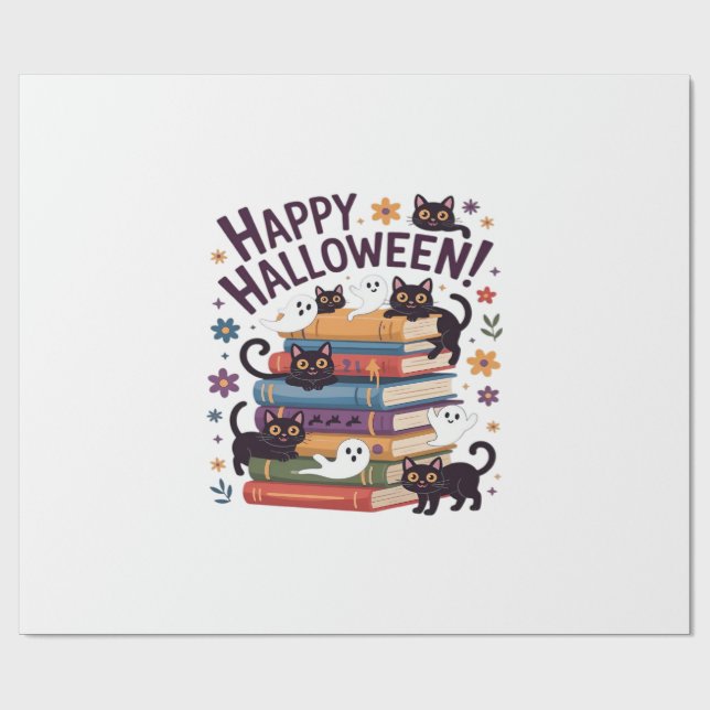 Papel De Presente Gato Fantasma Leitores de Livros Presentes Hallowe (Aberto)