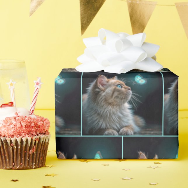 Papel De Presente Gato Fofo Com Borboleta Neon (Festa de aniversário)