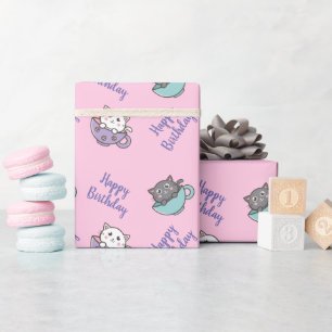 Papel De Presente Gato fofo de aniversário no copo rosa