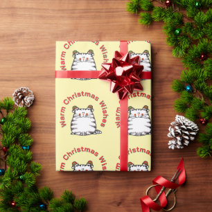 Papel De Presente Gato Fofo e Gorducho com Dois Chapéus de Natal Des