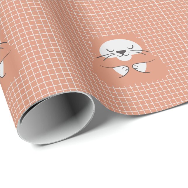 Papel De Presente Gato fofo marrom linha de grade personalizada (Ponta do rolo)