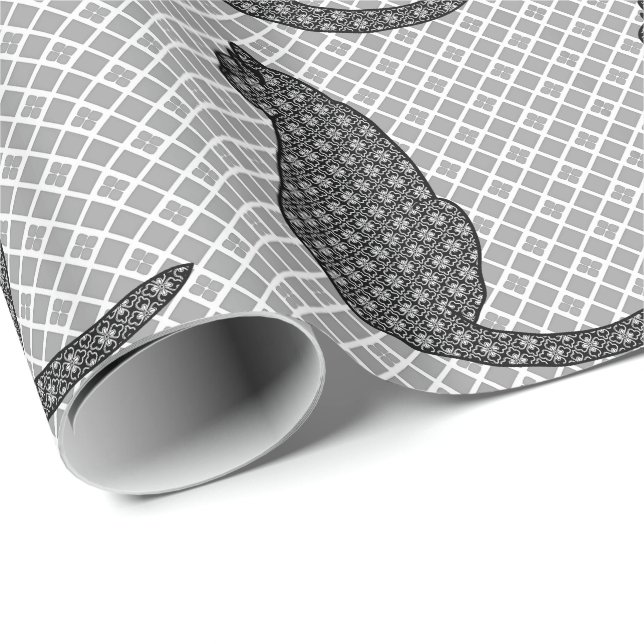 Papel De Presente Gato japonês - impressão preto e branco do quimono (Ponta do rolo)