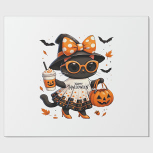 Papel De Presente Gato Kawaii do Halloween � Gato Bruxa com Abóbora
