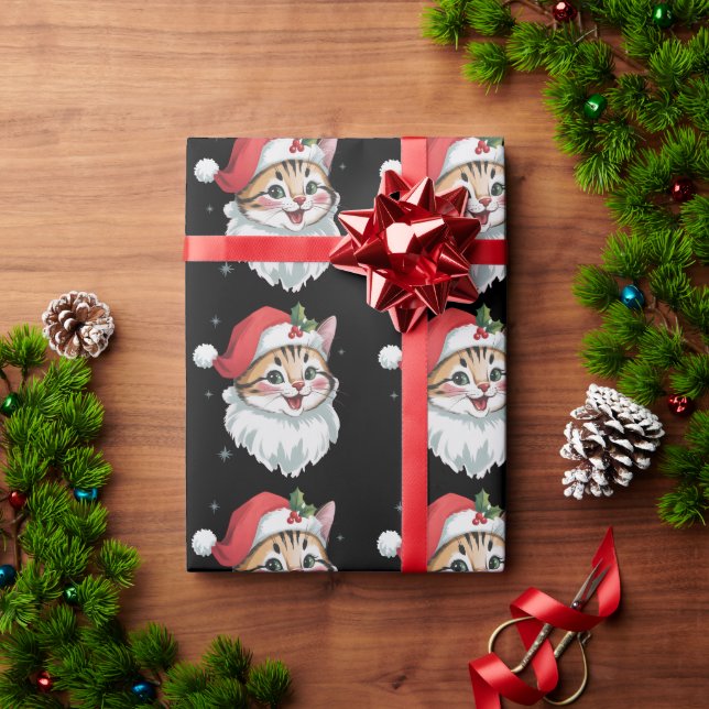 Papel De Presente Gato Kitty Fofo Retro com Chapéu de Natal Rosa Nat (Presente de Natal)