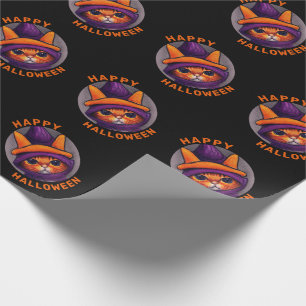 Papel De Presente Gato Laranja com Chapéu de Bruxa Roxo Feliz Hallow
