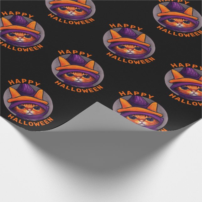 Papel De Presente Gato Laranja com Chapéu de Bruxa Roxo Feliz Hallow (Ponta)