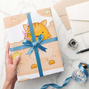 Papel De Presente Gato Laranja em Cena de Praia com Castelo de Areia