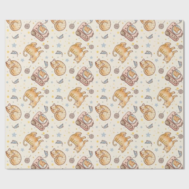 Papel De Presente Gato Laranja em uma Mochila, Estrelas e Fio (Barra)