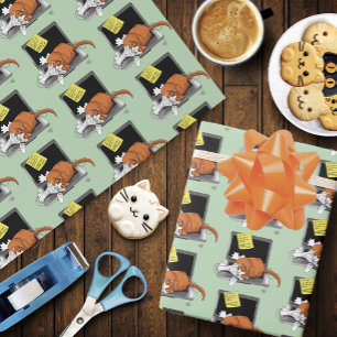 Papel De Presente Gato Laranja Engraçado Notebook Verde Trabalho Cas