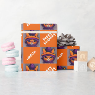 Papel De Presente Gato Laranja Feliz Aniversário Crianças Aniversári