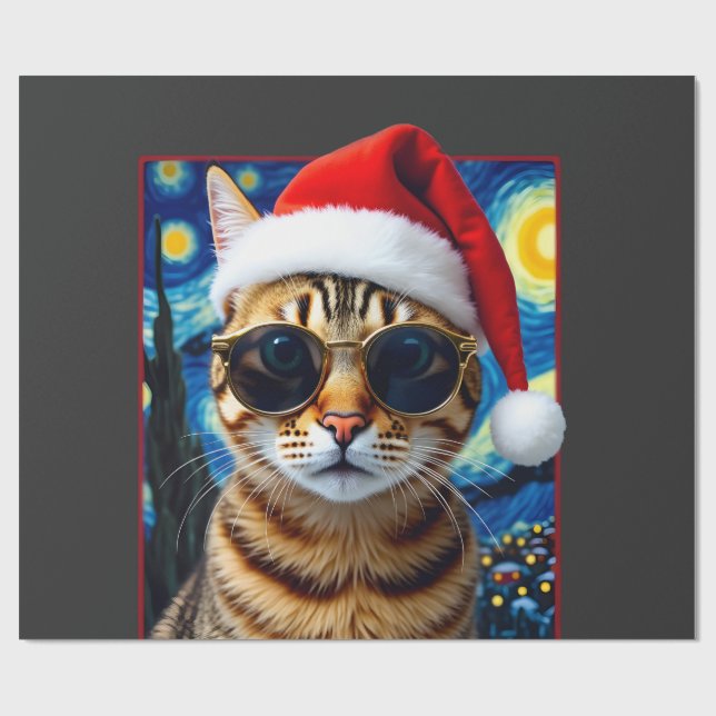 Papel De Presente Gato Laranja Tabby de Natal Noturno Estrelado (Aberto)