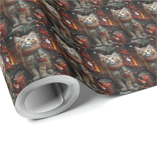 Papel De Presente Gato Maine Coon Com Presentes de Natal Lareira (Ponta do rolo)