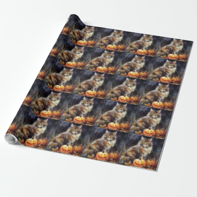 Papel De Presente Gato Maine Coon de Halloween com Abóboras Assustad (Desenrolado)