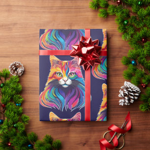 Papel De Presente Gato Maine Coon Retrato Arco-Íris Cores