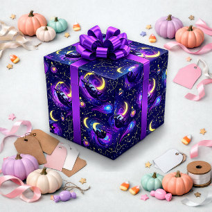 Papel De Presente Gato Místico Roxo Cósmico de Halloween