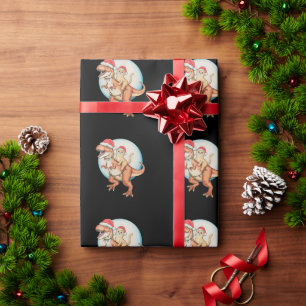 Papel De Presente Gato Montando Dinossauro T Rex Lua Natal Xmas