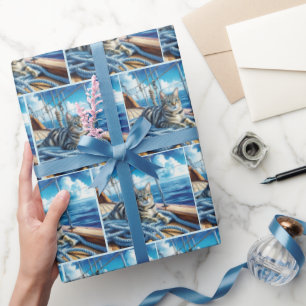 Papel De Presente Gato Náutico Tabby Em Cabos De Barco