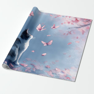 Papel De Presente Gato Neblina Azul com Flores Rosadas e Pontos Estr