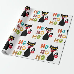 Papel De Presente Gato negro com design de texto Ho Ho Ho