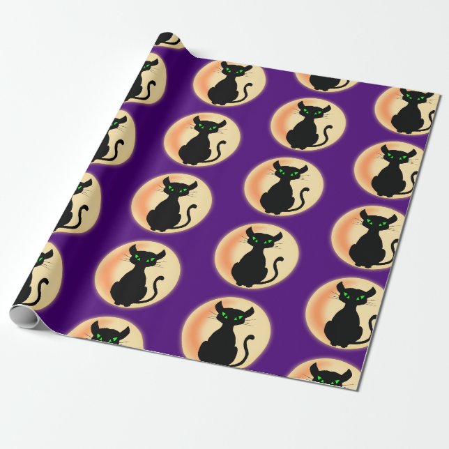 Papel De Presente Gato Negro Spooky com padrão de olhos verdes (Desenrolado)
