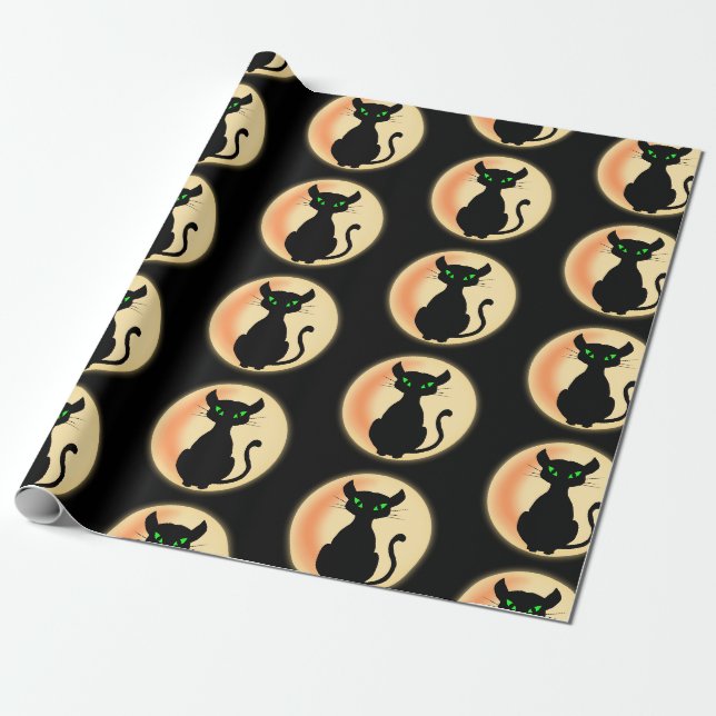 Papel De Presente Gato Negro Spooky com padrão de olhos verdes (Desenrolado)