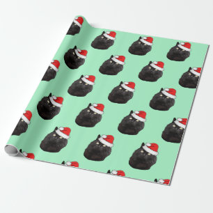 Papel De Presente Gato Negro vestindo um Chapéu Santa