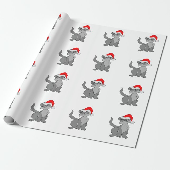 Papel De Presente gato Papai Noel com chapéu vermelho de Papai Noel (Desenrolado)