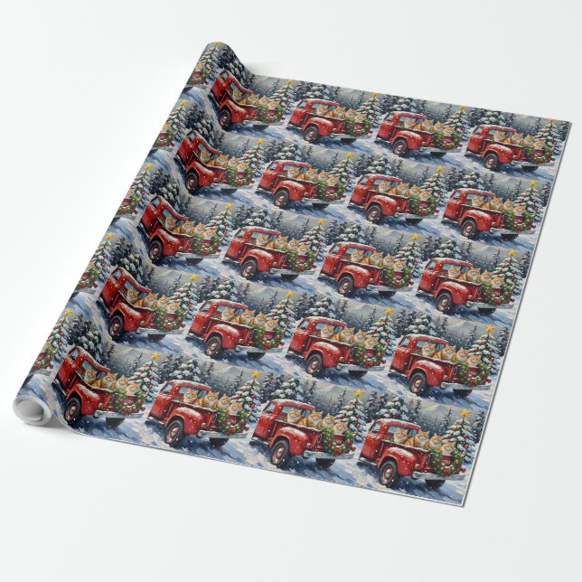 Papel De Presente Gato Persa Caminhão Vermelho Natal Feriado (Desenrolado)